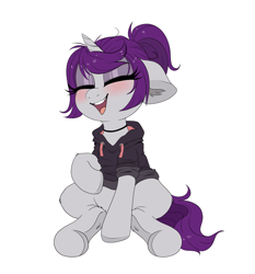 Size: 1723x1852 | Tagged: safe, artist:confetticakez, oc, oc only, oc:wicked silly, species:pony, species:unicorn, g4, blushing, choker, clothing, cute, eyes closed, female, gift art, hoodie, jewelry, laughing, mare, necklace, ponytail, simple background, sitting, solo, white background
