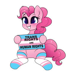 Size: 2000x2000 | Tagged: safe, artist:confetticakez, character:pinkie pie, species:earth pony, species:pony, g4, blushing, clothing, colored pupils, cute, diapinkes, featureless crotch, female, grin, hoof hold, mare, pride, pride flag, sign, simple background, sitting, smiling, socks, solo, squee, striped socks, transgender, transgender pride flag, transparent background