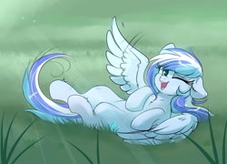 Size: 2048x1476 | Tagged: safe, artist:confetticakez, oc, oc only, oc:crystal bay, species:pegasus, species:pony, g4, blue coat, blue mane, cute, female, lying in grass, mare, ocbetes, one eye closed, smiling, solo
