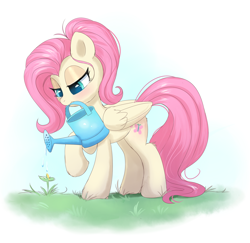Size: 1770x1717 | Tagged: safe, artist:confetticakez, character:fluttershy, species:pegasus, species:pony, g4, alternate hairstyle, blushing, cute, female, flower, folded wings, gardening, lidded eyes, looking down, mare, mouth hold, outdoors, plant, ponytail, raised hoof, shyabetes, simple background, solo, spring, stray strand, watering, watering can, wings