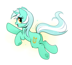 Size: 1673x1505 | Tagged: safe, artist:confetticakez, character:lyra heartstrings, species:pony, species:unicorn, g4, abstract background, cute, eyebrows, eyebrows visible through hair, female, jumping, looking at you, looking back, looking back at you, lyrabetes, mare, profile, simple background, solo, underhoof