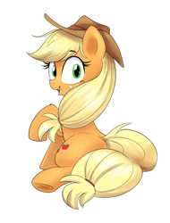 Size: 1332x1750 | Tagged: safe, artist:confetticakez, character:applejack, species:earth pony, species:pony, g4, clothing, cowboy hat, cute, female, hat, looking at you, looking back, looking back at you, mare, simple background, sitting, solo, underhoof, white background