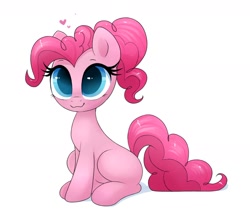 Size: 1598x1421 | Tagged: safe, artist:confetticakez, character:pinkie pie, species:earth pony, species:pony, g4, :3, cute, diapinkes, female, heart, mare, missing cutie mark, ponytail, simple background, sitting, smiling, solo, white background