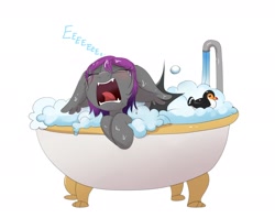 Size: 2112x1675 | Tagged: safe, artist:confetticakez, oc, oc only, oc:andromeda aurora, species:bat pony, species:pony, g4, adorable distress, bat pony oc, bath, bathtub, blushing, bubble bath, claw foot bathtub, crying, cute, ear fluff, ear tufts, eeee, eyes closed, fangs, female, floppy ears, forced bathing, frown, mare, open mouth, rubber duck, sad, sadorable, screaming, simple background, solo, suds, tongue out, water, wet, wet mane, white background