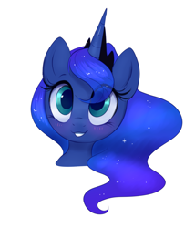 Size: 1310x1528 | Tagged: safe, artist:confetticakez, character:princess luna, species:alicorn, species:pony, g4, blushing, bust, crown, cute, ethereal mane, eye clipping through hair, female, galaxy mane, head, jewelry, lunabetes, mare, regalia, simple background, smiling, solo, white background