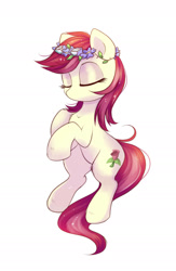 Size: 1223x1877 | Tagged: safe, artist:confetticakez, character:roseluck, species:earth pony, species:pony, g4, background pony, calm, cute, cuteluck, eyes closed, female, floating, flower, flower in hair, mare, no mouth, relaxed, simple background, solo, white background