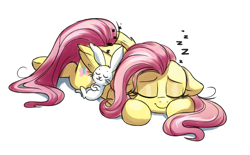 Size: 2000x1240 | Tagged: safe, artist:confetticakez, character:angel bunny, character:fluttershy, species:pegasus, species:pony, g4, angelbetes, cute, duo, eyes closed, female, floppy ears, folded wings, leaning back, mare, onomatopoeia, peaceful, prone, shyabetes, simple background, sleeping, smiling, sound effects, white background, wings, zzz