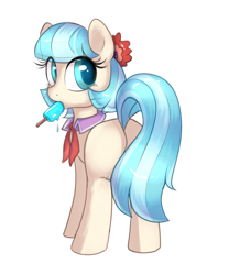 Size: 1108x1334 | Tagged: safe, artist:confetticakez, character:coco pommel, species:earth pony, species:pony, g4, butt, female, flower, flower in hair, food, looking at you, looking back, looking back at you, mare, plot, popsicle, rear view, simple background, solo, white background