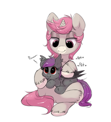 Size: 1453x1595 | Tagged: safe, artist:confetticakez, oc, oc only, oc:andromeda aurora, oc:intrepid charm, species:bat pony, species:pony, species:unicorn, g4, bat pony oc, behaving like a cat, c:, cheek fluff, crossed hooves, cute, cute little fangs, ear fluff, ear tufts, fangs, female, filly, fluffy, holding a pony, hoof fluff, leg fluff, lidded eyes, looking up, male, ocbetes, onomatopoeia, petting, purring, shoulder fluff, simple background, sitting, sitting on lap, size difference, smiling, stallion, unshorn fetlocks, white background