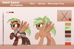 Size: 3045x2000 | Tagged: safe, artist:confetticakez, oc, species:pegasus, species:pony, g4, armor, clothing, commission, female, helmet, mare, ponytail, reference sheet, solo, spear, weapon