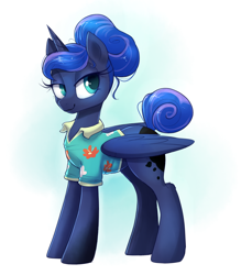 Size: 1506x1718 | Tagged: safe, artist:confetticakez, character:princess luna, species:alicorn, species:pony, newbie artist training grounds, episode:between dark and dawn, g4, my little pony: friendship is magic, alternate hairstyle, atg 2019, clothing, cute, female, hair bun, hawaiian shirt, lidded eyes, lunabetes, mare, shirt, simple background, smiling, solo, tail bun, wings