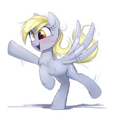 Size: 1835x1720 | Tagged: safe, artist:confetticakez, character:derpy hooves, species:pegasus, species:pony, newbie artist training grounds, g4, atg 2019, blushing, cute, dancing, derpabetes, do the sparkle, female, mare, shadow, simple background, smiling, solo, spread wings, wall eyed, white background, wings