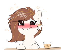 Size: 851x698 | Tagged: safe, artist:confetticakez, oc, oc:raven sun, species:earth pony, species:pony, g4, alcohol, beer, blushing, cute, derp, drunk, drunk bubbles, female, mare
