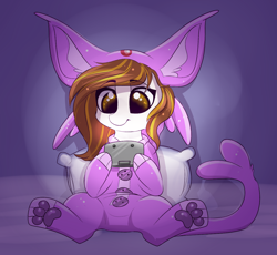 Size: 1466x1349 | Tagged: safe, artist:confetticakez, oc, oc only, oc:raven sun, species:earth pony, species:pony, g4, 3ds, clothing, costume, crossover, cute, earth pony oc, espeon, female, kigurumi, mare, paw gloves, pillow, pokémon, smiling, solo