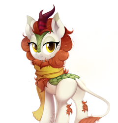 Size: 1918x2000 | Tagged: safe, artist:confetticakez, character:autumn blaze, species:kirin, g4, awwtumn blaze, butt, clothing, cute, female, fluffy, kirinbetes, leg fluff, lidded eyes, looking at you, looking back, looking back at you, mane, plot, quadrupedal, scarf, simple background, solo, white background