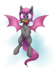 Size: 1455x1948 | Tagged: safe, artist:confetticakez, oc, oc:fruitful melody, species:bat pony, species:pony, g4, cute, cute little fangs, eating, fangs, female, flying, food, fruit, herbivore, looking at you, mango, mare, mouth hold, ocbetes, request, simple background, solo, spread wings, wings