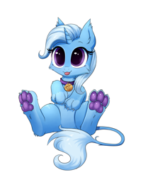 Size: 2196x2713 | Tagged: safe, artist:confetticakez, character:trixie, species:pony, species:sphinx, species:unicorn, g4, cat, collar, cute, diatrixes, female, fluffy, high res, hybrid, looking at you, paw pads, paws, pet tag, simple background, sitting, solo, species swap, sphinxified, toe beans, tongue out, underpaw, white background