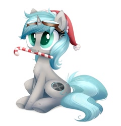 Size: 985x1024 | Tagged: safe, artist:confetticakez, oc, oc only, oc:rym, species:pony, species:unicorn, g4, candy, candy cane, chest fluff, christmas, clothing, cute, female, festive, fluffy, food, goggles, hat, holiday, mare, mouth hold, ocbetes, santa hat, simple background, sitting, solo, white background, ych example, ych result, your character here