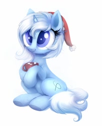 Size: 833x1024 | Tagged: safe, artist:confetticakez, part of a set, oc, oc only, oc:eula phi, species:pony, species:unicorn, g4, chocolate, christmas, clothing, commission, cute, female, food, hat, holiday, hot chocolate, mare, ocbetes, santa hat, simple background, sitting, solo, white background, ych result