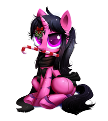 Size: 1357x1513 | Tagged: safe, artist:confetticakez, part of a set, oc, oc only, species:pony, species:unicorn, g4, ball jointed doll, candy, candy cane, christmas, clothing, commission, cute, doll, dress, female, food, holiday, lipstick, mare, mistletoe, mouth hold, ocbetes, scarf, simple background, sitting, solo, toy, white background, ych result