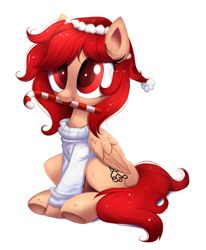 Size: 1237x1502 | Tagged: safe, artist:confetticakez, part of a set, oc, oc only, oc:ginger ferrochrome, species:pegasus, species:pony, g4, candy, candy cane, christmas, clothing, commission, cute, femboy, folded wings, food, hat, holiday, male, mouth hold, ocbetes, santa hat, simple background, sitting, solo, stallion, sweater, white background, wings, winter, ych result