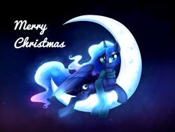 Size: 2568x1945 | Tagged: safe, artist:confetticakez, character:princess luna, species:alicorn, species:pony, g4, christmas, clothing, cute, ethereal mane, female, holiday, lunabetes, mare, moon, night, night sky, scarf, sky, solo, space, stars, tangible heavenly object, text