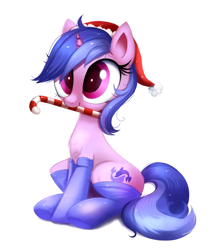 Size: 1274x1501 | Tagged: safe, artist:confetticakez, part of a set, character:sea swirl, species:pony, species:unicorn, g4, background pony, candy, candy cane, chest fluff, clothing, commission, cute, female, food, hat, hearth's warming, holiday, mare, mouth hold, santa hat, seadorable, simple background, sitting, socks, solo, white background, ych result