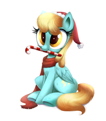 Size: 1386x1585 | Tagged: safe, artist:confetticakez, part of a set, character:sassaflash, species:pegasus, species:pony, g4, background pony, candy, candy cane, christmas, clothing, commission, cute, female, folded wings, food, hat, holiday, mare, mouth hold, santa hat, scarf, simple background, sitting, snow, solo, white background, wings, winter, ych result