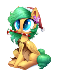 Size: 1140x1493 | Tagged: safe, artist:confetticakez, part of a set, oc, oc only, species:pegasus, species:pony, g4, candy, candy cane, cape, christmas, clothing, commission, female, flower, flower in hair, food, hat, holiday, mare, mouth hold, santa hat, simple background, sitting, solo, white background, ych result