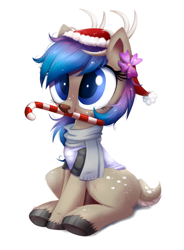 Size: 1095x1489 | Tagged: safe, artist:confetticakez, part of a set, oc, oc only, species:deer, species:earth pony, species:pony, g4, antlers, candy, candy cane, christmas, clothing, commission, cute, deer oc, doe, female, flower, flower in hair, food, hat, holiday, mare, mouth hold, ocbetes, santa hat, scarf, shirt, simple background, sitting, solo, white background, ych result