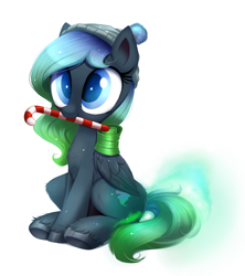 Size: 1366x1535 | Tagged: safe, artist:confetticakez, part of a set, oc, oc only, oc:midnight aura, species:pegasus, species:pony, g4, beanie, candy, candy cane, christmas, clothing, commission, cute, female, food, hat, holiday, mare, mouth hold, ocbetes, simple background, sitting, solo, white background, winter, ych result