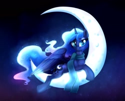 Size: 2196x1775 | Tagged: safe, alternate version, artist:confetticakez, character:princess luna, species:alicorn, species:pony, g4, chest fluff, clothing, crescent moon, cute, ethereal mane, female, leg fluff, lunabetes, mare, moon, prone, scarf, solo, tangible heavenly object