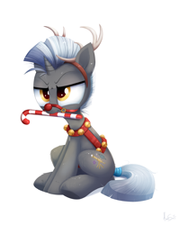 Size: 2400x3000 | Tagged: safe, artist:confetticakez, part of a set, oc, oc:scope, species:pony, species:unicorn, g4, angry, animal costume, annoyed, antlers, candy, candy cane, clothing, commission, costume, cute, food, grumpy, harness, male, ocbetes, red nose, reindeer antlers, reindeer costume, royal guard, rudolph nose, simple background, sitting, solo, stallion, tack, white background, ych result