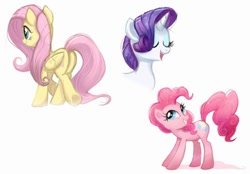 Size: 700x486 | Tagged: safe, artist:confetticakez, character:fluttershy, character:pinkie pie, character:rarity, species:earth pony, species:pegasus, species:pony, species:unicorn, g4, bust, butt, cute, eyes closed, female, mare, open mouth, plot, portrait, simple background, smiling, trio, white background