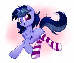 Size: 1916x1634 | Tagged: safe, artist:confetticakez, oc, oc only, oc:purple flix, species:pony, species:unicorn, g4, abstract background, blushing, chest fluff, clothing, cute, male, ocbetes, running, socks, solo, stallion, striped socks, thigh highs