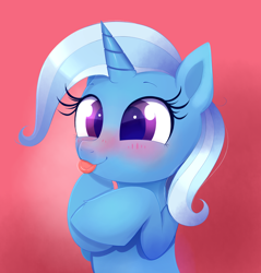 Size: 1796x1881 | Tagged: safe, artist:confetticakez, character:trixie, species:pony, species:unicorn, g4, blep, blushing, cute, diatrixes, female, gradient background, hooves to the chest, mare, raspberry, silly, silly pony, smiling, solo, tongue out, weapons-grade cute