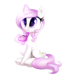 Size: 1468x1534 | Tagged: safe, alternate version, artist:confetticakez, part of a set, character:fleur-de-lis, species:pony, species:unicorn, g4, chocolate, commission, cute, female, fleurabetes, food, hot chocolate, levitation, magic, mare, mug, simple background, sitting, solo, telekinesis, white background, ych result, your character here
