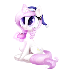 Size: 1468x1534 | Tagged: safe, alternate version, artist:confetticakez, part of a set, character:fleur-de-lis, species:pony, species:unicorn, g4, chocolate, christmas, clothing, commission, cute, female, fleurabetes, food, hat, holiday, hot chocolate, levitation, magic, mare, santa hat, simple background, sitting, solo, telekinesis, white background, ych result, your character here
