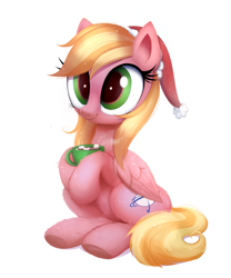 Size: 1213x1455 | Tagged: safe, alternate version, artist:confetticakez, part of a set, oc, oc only, oc:jet setter, species:pegasus, species:pony, g4, chocolate, christmas, clothing, commission, cute, female, folded wings, food, hat, holiday, hot chocolate, mare, mug, santa hat, simple background, sitting, solo, white background, wings, ych result, your character here
