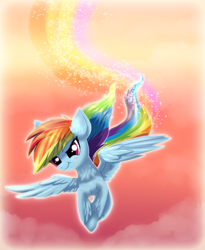 Size: 2215x2707 | Tagged: safe, artist:confetticakez, character:rainbow dash, species:pegasus, species:pony, g4, cool, female, flying, mare, sky, solo, sunset