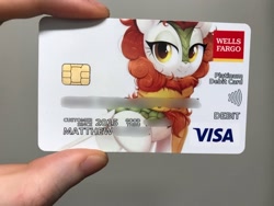 Size: 2048x1536 | Tagged: safe, artist:confetticakez, edit, character:autumn blaze, species:kirin, g4, blurred out, butt, clothing, debit card, female, looking at you, looking back, plot, scarf, solo, wells fargo