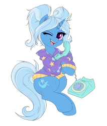 Size: 1400x1641 | Tagged: safe, artist:confetticakez, character:trixie, species:pony, species:unicorn, g4, alternate hairstyle, babysitter trixie, clothing, colored, cute, diatrixes, female, flat colors, gameloft interpretation, hoodie, leg fluff, looking at you, mare, one eye closed, open mouth, phone, pigtails, rotary phone, simple background, sitting, solo, talking, transparent background, twintails, wink