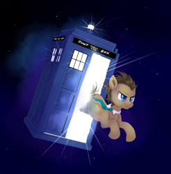 Size: 1404x1424 | Tagged: safe, artist:confetticakez, character:doctor whooves, character:time turner, species:earth pony, species:pony, newbie artist training grounds, g4, atg 2020, clothing, doctor who, jumping, male, necktie, solo, space, stallion, tardis