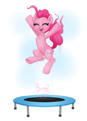 Size: 1408x1956 | Tagged: safe, artist:confetticakez, character:pinkie pie, species:earth pony, species:pony, newbie artist training grounds, g4, atg 2020, chest fluff, cute, diapinkes, eyes closed, female, jumping, mare, open mouth, simple background, solo, trampoline, white background