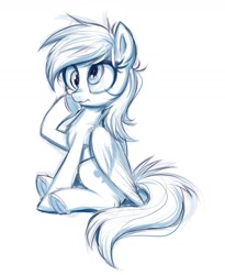 Size: 1403x1708 | Tagged: safe, artist:confetticakez, character:derpy hooves, species:pegasus, species:pony, g4, chest fluff, cute, derpabetes, female, mare, monochrome, simple background, sitting, solo, underhoof, white background