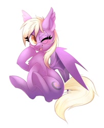 Size: 832x1024 | Tagged: safe, artist:confetticakez, oc, oc only, oc:pinkfull night, species:bat pony, species:pony, g4, bat pony oc, bat wings, blushing, cute, fangs, female, filly, giggling, glasses, looking at you, ocbetes, one eye closed, simple background, sitting, solo, teenager, white background, wings