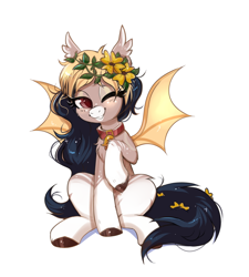 Size: 1318x1466 | Tagged: safe, artist:confetticakez, oc, oc only, species:bat pony, species:pony, g4, bat pony oc, bat wings, bell, collar, ear fluff, female, floral head wreath, flower, looking at you, mare, one eye closed, simple background, sitting, solo, white background, wings, wink