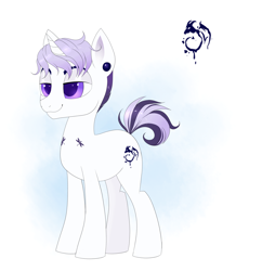 Size: 1882x1947 | Tagged: safe, artist:confetticakez, oc, oc:dragonfly, species:pony, species:unicorn, g4, abstract background, ear piercing, gauges, male, piercing, reference sheet, solo, stallion, tattoo