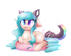 Size: 1687x1333 | Tagged: safe, artist:confetticakez, oc, species:earth pony, species:pony, g4, bow, cat ears, cat tail, clothing, costume, cute, fangs, female, heterochromia, lying down, mare, ocbetes, simple background, solo, white background
