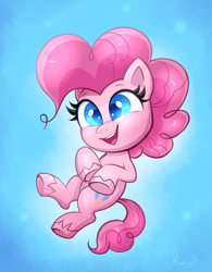 Size: 1408x1804 | Tagged: safe, artist:confetticakez, character:pinkie pie, species:earth pony, species:pony, g4.5, my little pony:pony life, blue background, chibi, colored pupils, cute, diapinkes, female, mare, simple background, solo